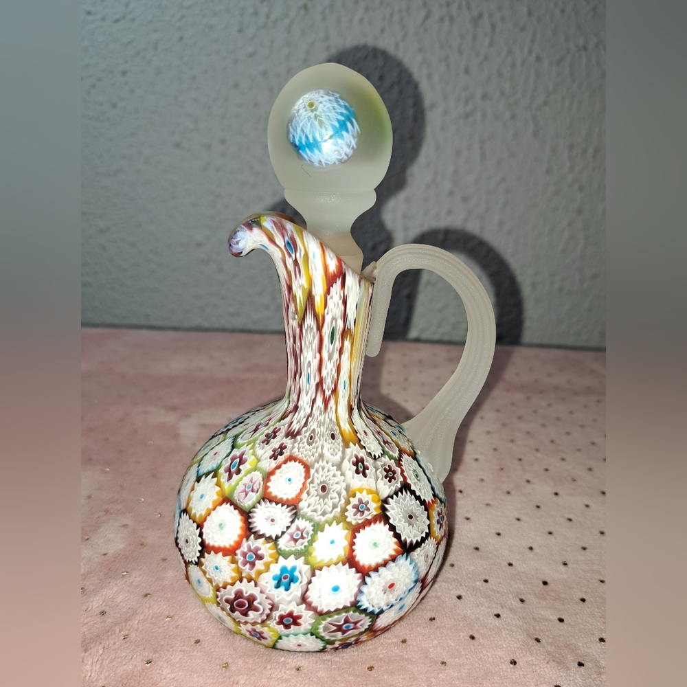 Vintage Millefiori Murano Satin Glass Cruet Stopper 6.5" Tall to tip of stopper